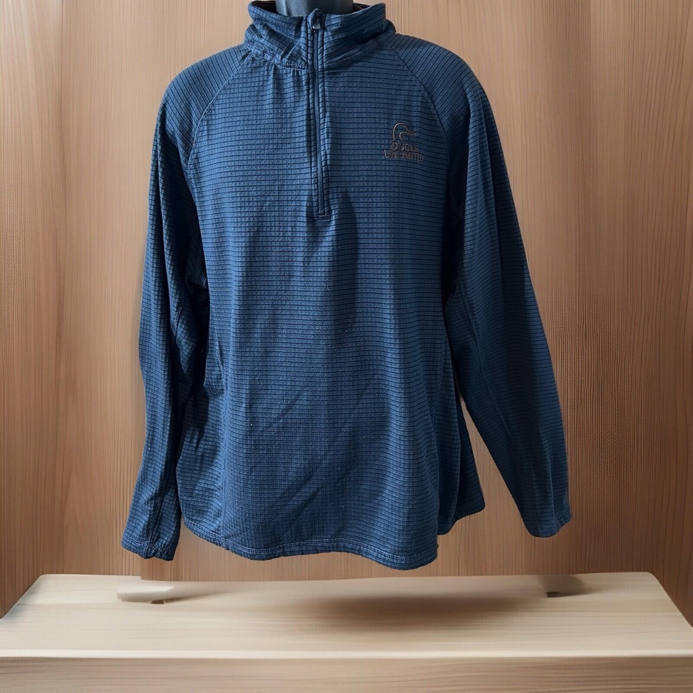 Ducks Unlimited‎ Mens Quarter Zip Pullover Navy Blue Striped Waffle Fleece XL